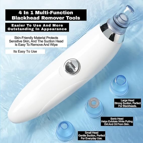 4-in-1 Blackhead Remover Vacuum – Electric Pore Cleaner with Adjustable Suction & Interchangeable Heads - Facial Device for Men & Women (Blue) (POWER CELL (AA) BATTERY INCLUDED)